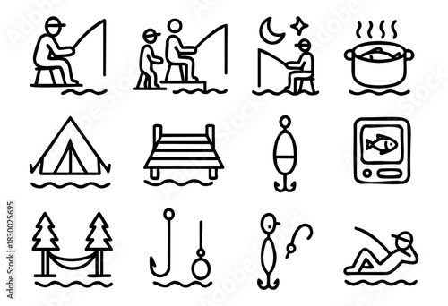 A collection of line art icons depicting various fishing and outdoor recreation activities and related items, including fishermen, a tent, a dock, and fishing gear.