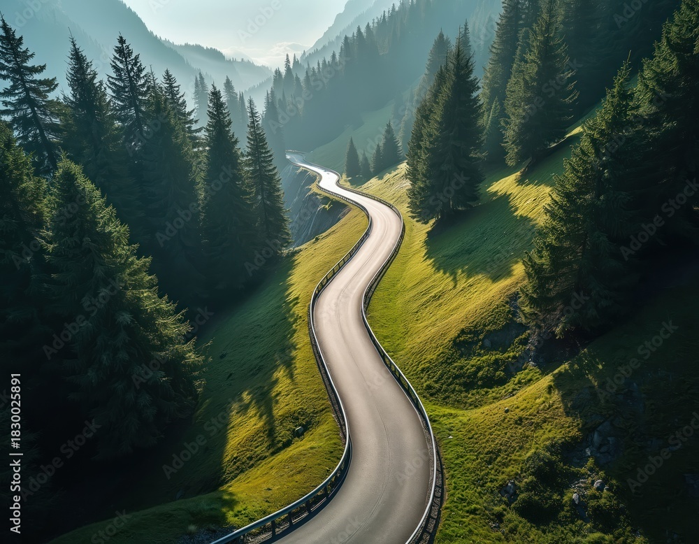Obraz premium Winding road through lush green mountains forest landscape. Aerial view displays a scenic roadway with trees. Travel adventure concept for vacation and tourism.