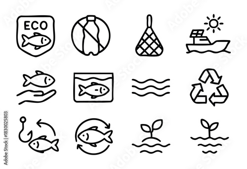 A comprehensive set of eco-friendly fishing and marine conservation line icons, including symbols for sustainable practices, no plastic, recycling, aquaculture, solar-powered boats, and catch-and-rele