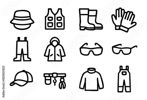 A comprehensive set of line icons illustrating essential outdoor and fishing apparel and accessories, featuring a bucket hat, fishing vest, rubber boots, work gloves, fishing waders, a raincoat, prote