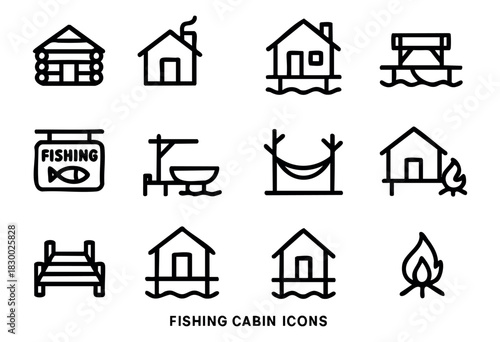 A collection of outline icons representing various elements of fishing, cabins, and outdoor recreation, including log cabins, stilt houses, docks, a fishing sign, a boat, a hammock, and campfires.