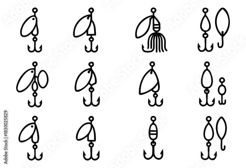 Collection of outline vector icons depicting various types of fishing lures and hooks, including spinnerbaits, jigs, and plain hooks, in a minimalist black and white style.