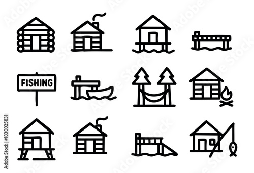 A collection of outline icons representing various elements of fishing, cabins, and outdoor recreation, including log cabins, stilt houses, docks, a fishing sign, a boat, a hammock, and campfires.