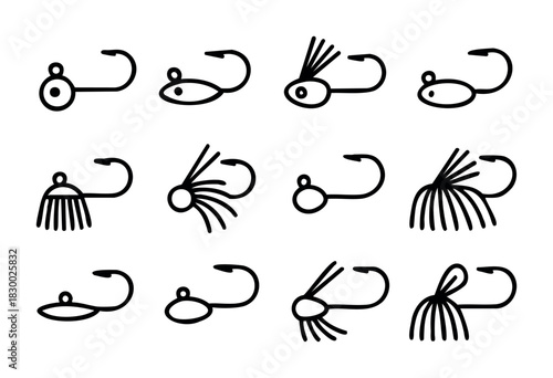 A collection of fishing lure and jig head icons, featuring various designs with hooks, and different head shapes including round, oval, and square, some with skirts, presented in a minimalist line art
