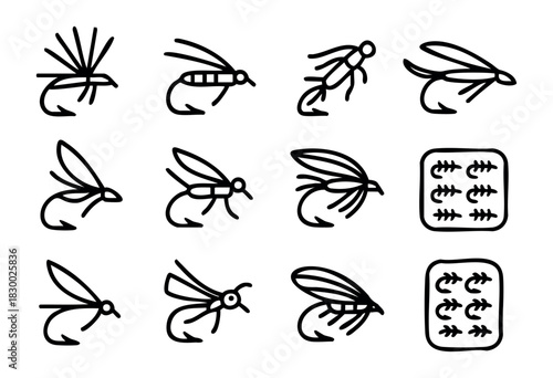 A collection of various artificial fishing flies and insect icons, displayed in a bold black line art style on a clean white background.