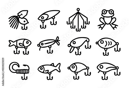 A collection of various fishing lures and baits: spinnerbaits, crankbaits, minnow lures, a frog bait, and a multi-hook rig, all depicted in a clean, bold outline style.