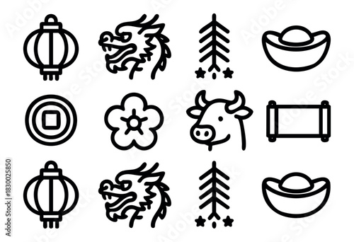Chinese New Year Symbols line icons — traditional festival elements, good luck charms, and cultural decorations — stock vector.
