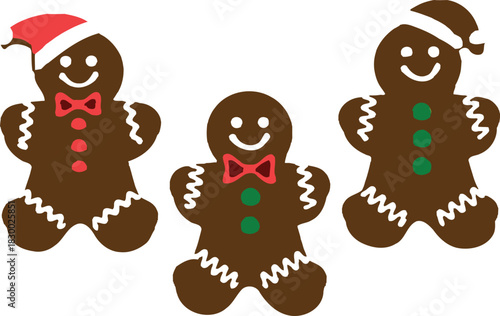 Cute gingerbread men cookies vector illustration set with santa hats and bow ties for christmas holiday baking.