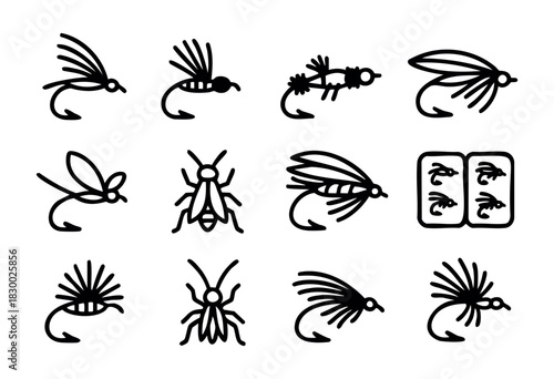 A collection of various artificial fishing flies and insect icons, displayed in a bold black line art style on a clean white background.
