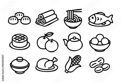 Chinese New Year Food line icons — traditional reunion dinner dishes and festive cuisine — stock vector.