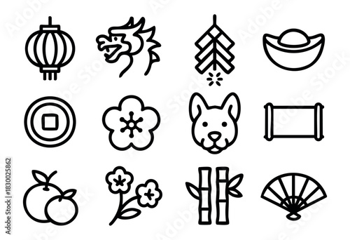 Chinese New Year Symbols line icons — traditional festival elements, good luck charms, and cultural decorations — stock vector.