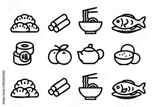 Chinese New Year Food line icons — traditional reunion dinner dishes and festive cuisine — stock vector.