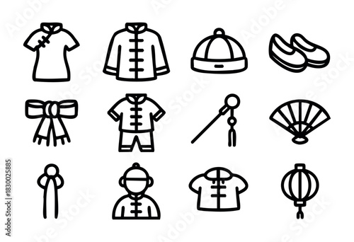 Traditional Chinese Clothing line icons — Cheongsam, Tang suit, and festive holiday attire — stock vector.