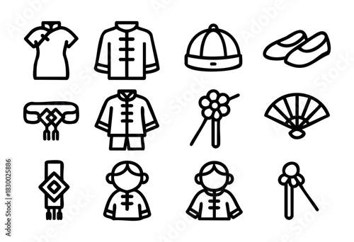 Traditional Chinese Clothing line icons — Cheongsam, Tang suit, and festive holiday attire — stock vector.
