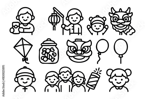 Chinese New Year Kids Celebration doodle icons — children in traditional clothes, playing, and enjoying the holiday festival — stock vector.