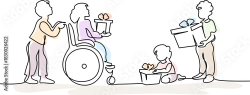 Vector illustration of a boy giving a present to a little disabled girl in a wheelchair.