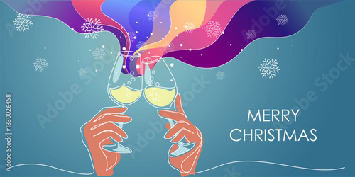 Two hands clinking champagne or cocktail glasses in celebratory toast.