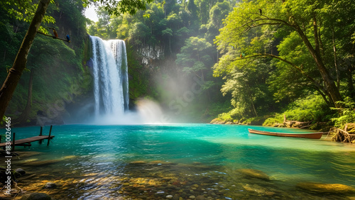 Lush tropical waterfall cascading into a vibrant turquoise pool surrounded by dense jungle foliage