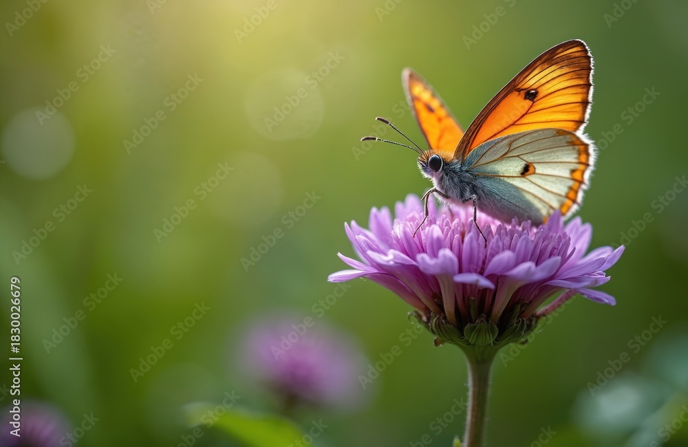 Obraz premium Orange and white butterfly rests on purple flower petals. Delicate insect with patterned wings settles on vibrant bloom, soft green background. Peaceful nature scene.