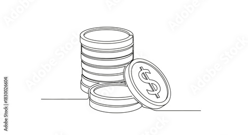 Continuous Line Drawing of Stacked Coins with Dollar Sign.