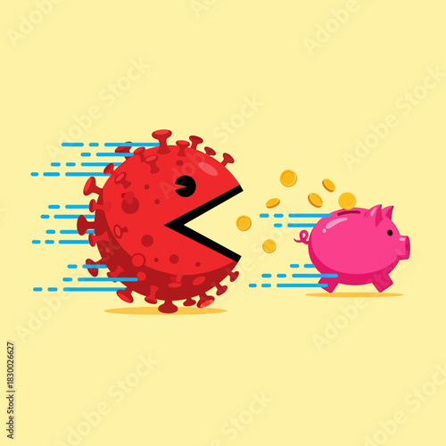 COVID-19 Virus Chasing Piggy Bank with Coins, Economic Impact Concept.