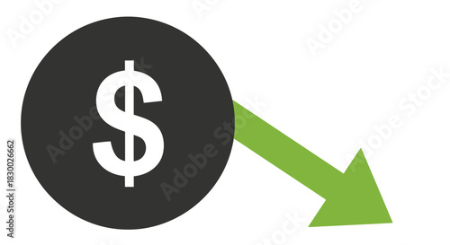 Dollar Coin with Downward Arrow Symbolizing Financial Decline.