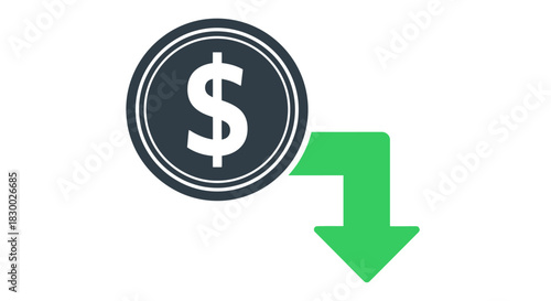 Dollar Coin with Downward Arrow - Symbolizing Financial Loss.