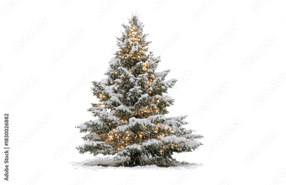 Fototapeta premium Snow covered Christmas tree with lights isolated on a transparent background 