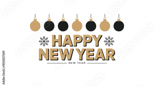 Elegant happy new year greeting with festive gold and black ornaments and snowflakes on white background