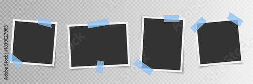 Four empty photo image with adhesive tape. Taped blank photo frame vector set. Retro photo frame placeholder template. Collage empty frames mockup