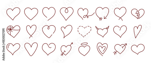 set of sketch pink hand draw heart, red doodle line icon heart, romance love elements for Valentine's Day, heart symbol design cards, poster, banner, pattern, advertisement	