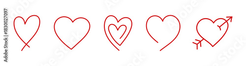 set of sketch pink hand draw heart, red doodle line icon heart, romance love elements for Valentine's Day, heart symbol design cards, poster, banner, pattern, advertisement	