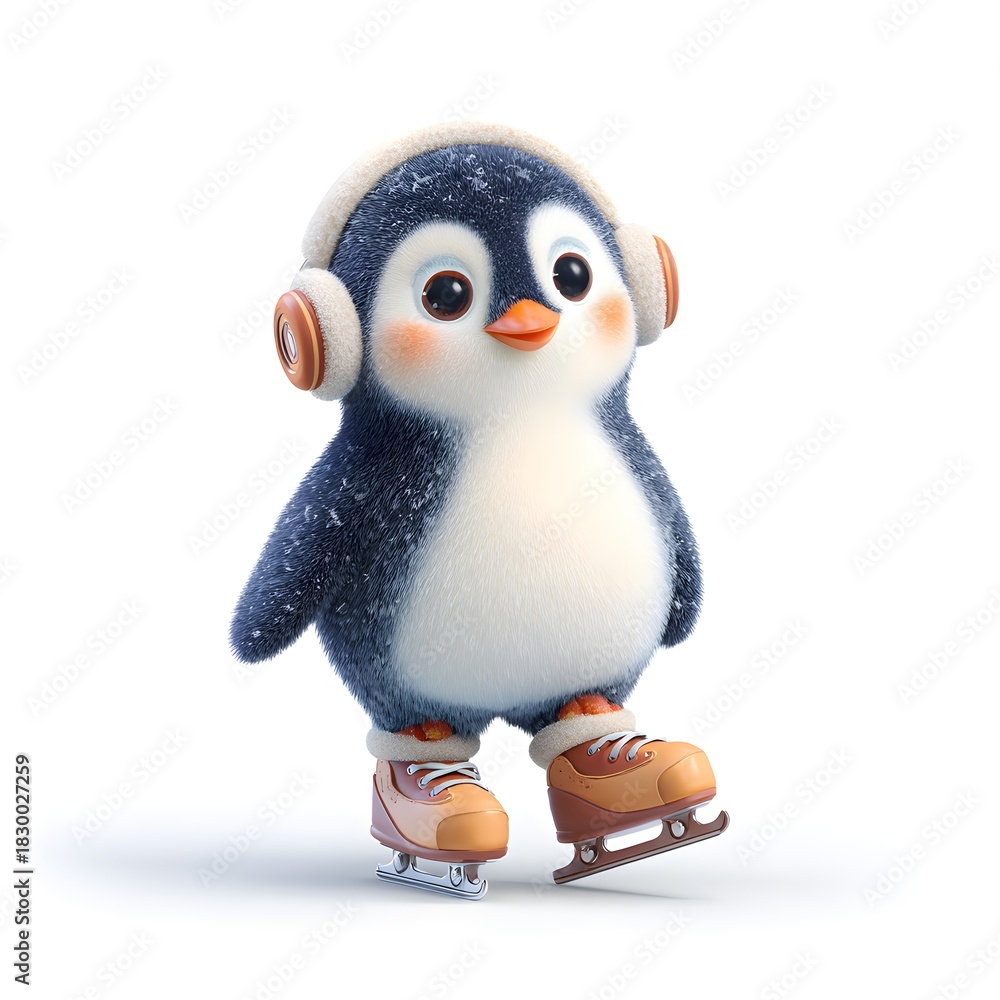 Fototapeta premium Cartoon penguin wearing headphones and skates is standing on ice. The penguin is wearing a pair of skates and has headphones on its head. The penguin appears to be enjoying its time on the ice