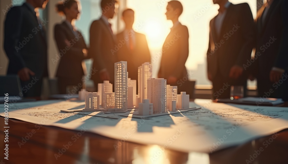 Obraz premium Business people plan city development with building models on blueprints. Teamwork on urban construction strategy, architectural project review at sunset.