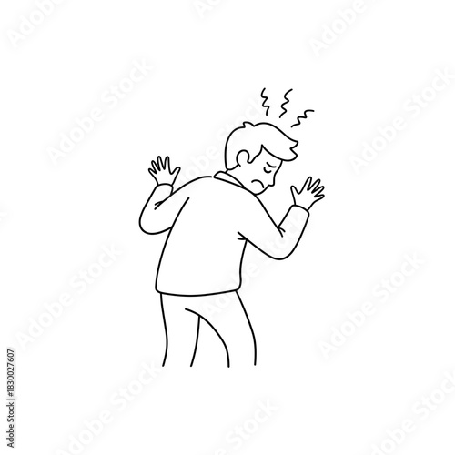 Desperate young man in despair facing a wall of misunderstanding with hands raised on a white background