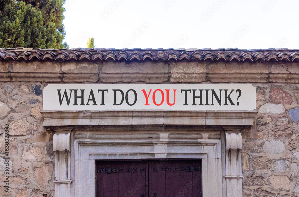 Fototapeta premium Support, help what do you think symbol. Concept words What do you think on beautiful white marble sign plate. Beautiful stone wall background. Business what do you think concept. Copy space.