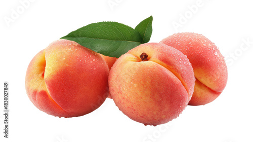 Three Ripe Peaches with Water Droplets isolated on a transparent background