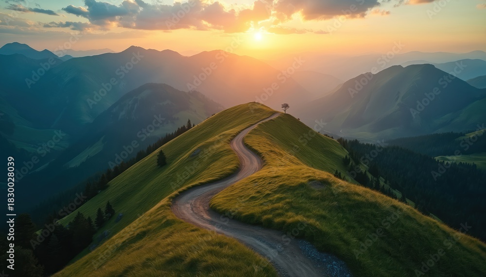 Obraz premium Winding dirt road ascends grassy mountain ridge toward golden sunset. Vast landscape unfolds with layered peaks and valleys under a warm sky, hinting at adventure and peace.