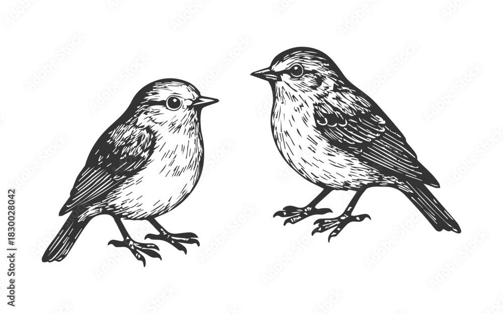 Fototapeta premium Doodle hand drawn small birds sketch. Sparrow engraving illustration set.