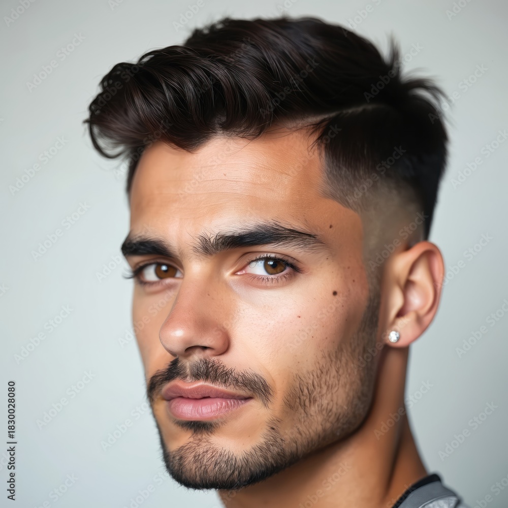 Obraz premium Young man with stylish fade haircut, beard poses confidently. Serious expression, sharp features make perfect for fashion, grooming, lifestyle content. Brown eyes, wears subtle earring.