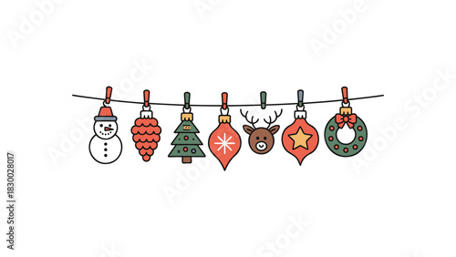 Whimsical hand drawn christmas ornaments hanging on a clothesline with clothespins festive holiday decorations