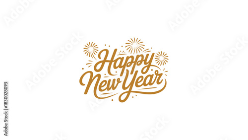 Golden script lettering happy new year surrounded by sparkling fireworks and confetti on a white background