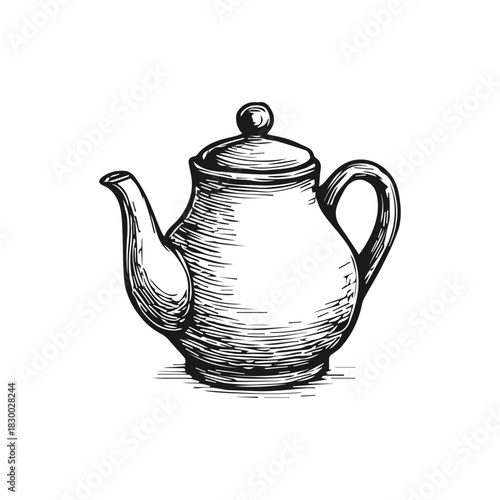 Doodle teapot sketch. Hand drawn kettle engraved illustration.