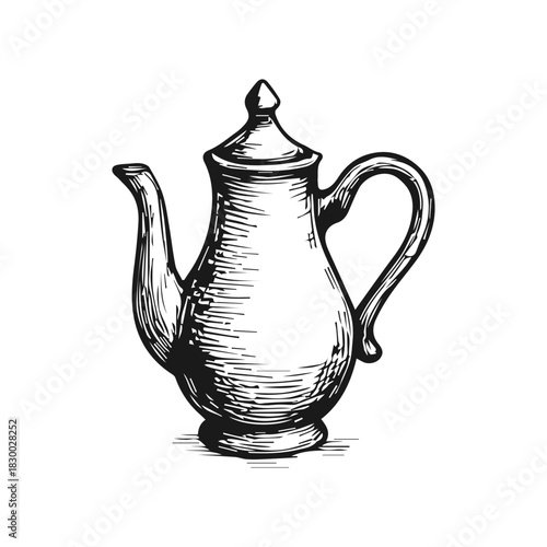 Doodle teapot sketch. Hand drawn kettle engraved illustration.