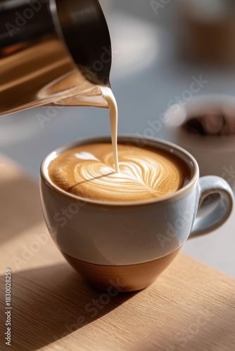 Art of the Coffee: A close-up view capturing the art of latte, creamy milk being meticulously poured into a cup of espresso.