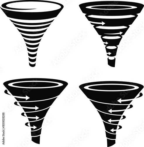Black tornado or vortex swirl funnel shape vector icon set isolated on white for weather and disaster warning.