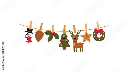 Charming collection of festive christmas ornaments hanging on a clothesline with wooden clothespins against a white background