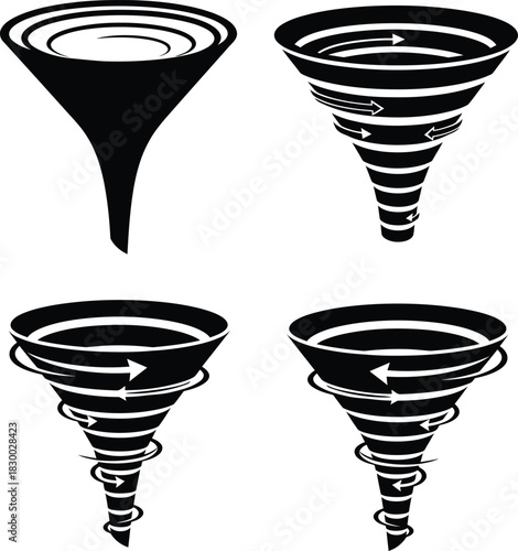Black tornado or vortex swirl funnel shape icon vector set isolated on white for disaster and water sign.