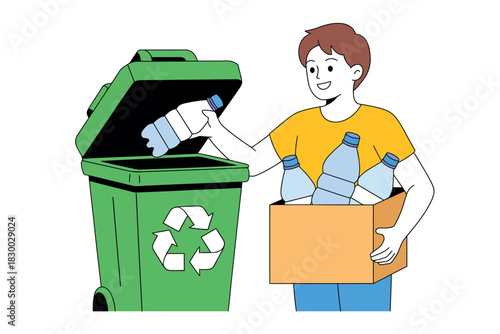 A person places a plastic bottle into a green recycling bin, holding a box of bottles.