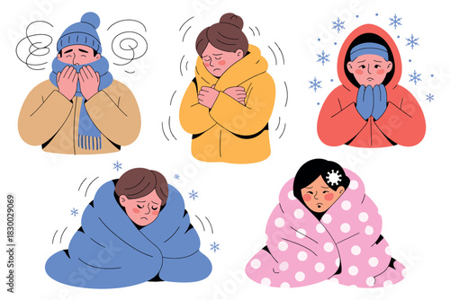People feeling cold and shivering in winter, wrapped in blankets and wearing warm clothes.